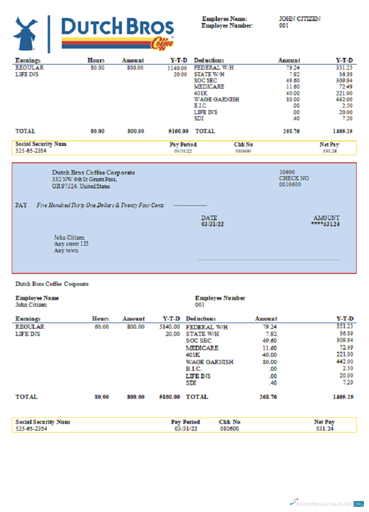 Download USA Dutch Bros Coffee Corporate coffeehouse company pay stub Photoshop template